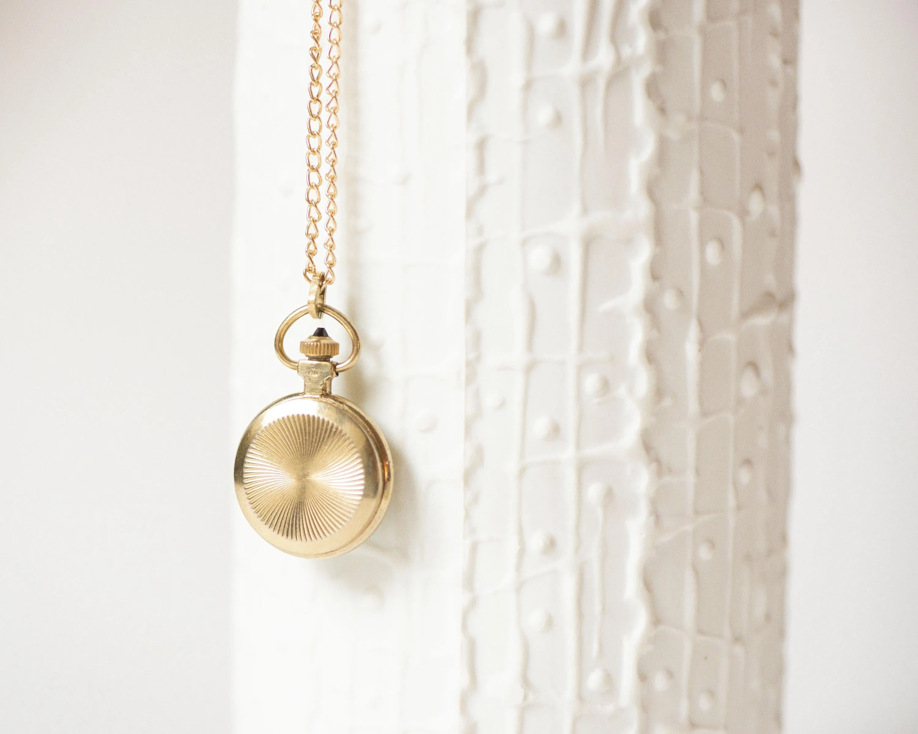 Super small watch necklace Seagull gold plated, lady pendant watch unique Roman numerals dial sunburst case cabochon crown jewelry gift