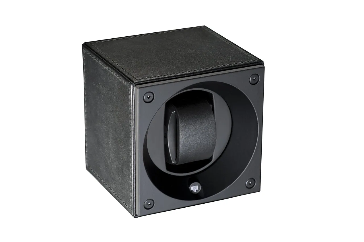 Swiss Kubik Single Watch Winder - Black Leather with Black Stitches