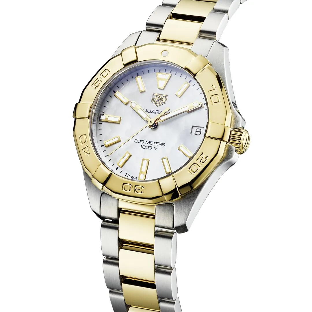 TAG Heuer Aquaracer Ladies' Quartz Movement Mother-of-Pearl Dial and Yellow Gold Bezel Watch