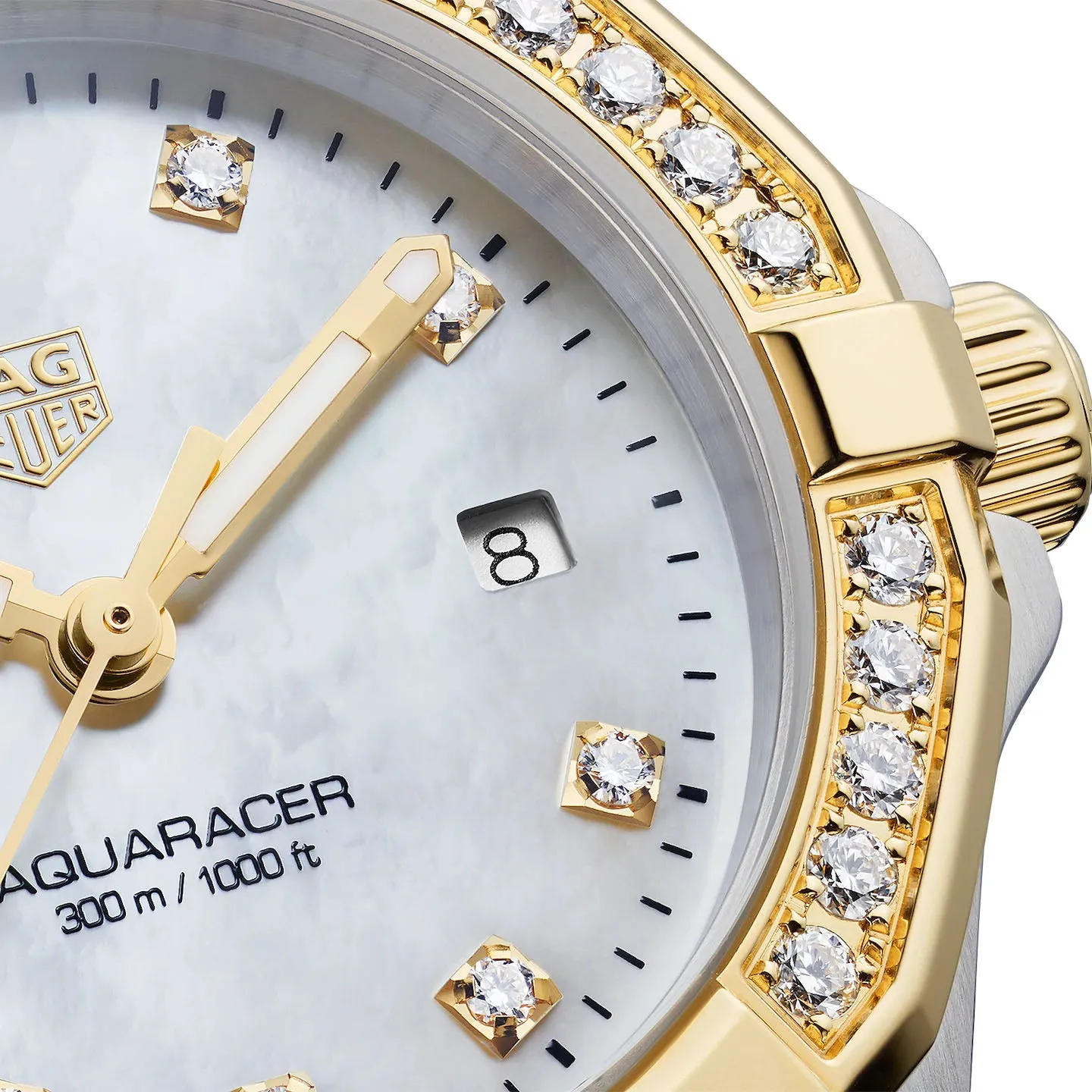 TAG Heuer Ladies' Aquaracer 27mm Quartz Stainless Steel and Yellow Gold Mother-of-Pearl Dial Watch with Diamond Bezel