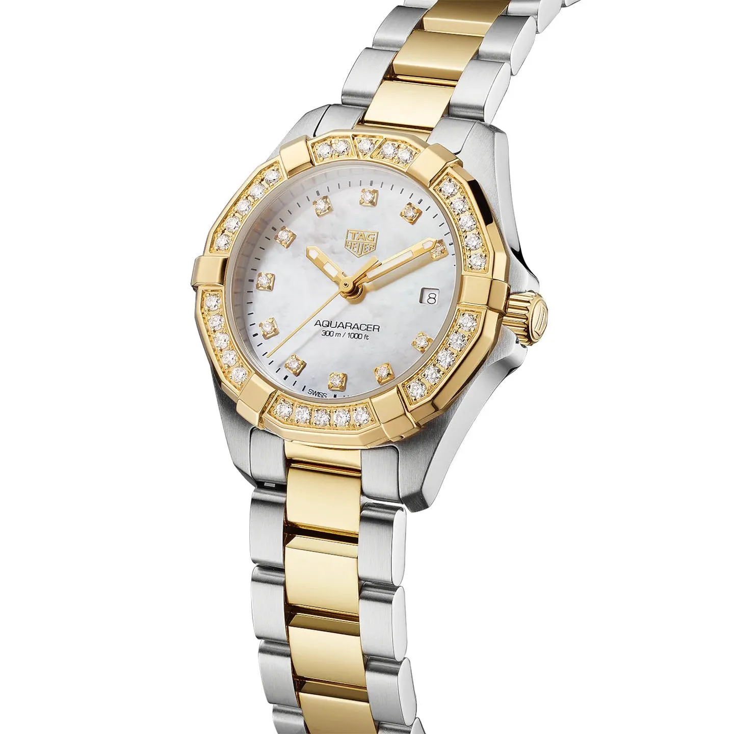 TAG Heuer Ladies' Aquaracer 27mm Quartz Stainless Steel and Yellow Gold Mother-of-Pearl Dial Watch with Diamond Bezel