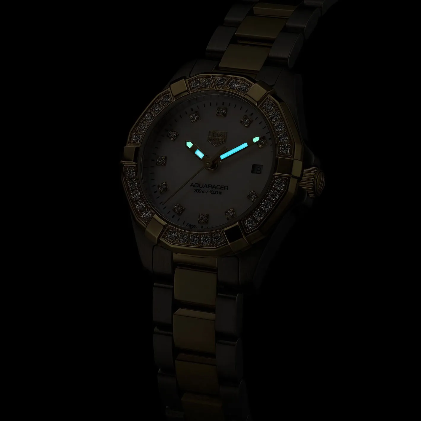 TAG Heuer Ladies' Aquaracer 27mm Quartz Stainless Steel and Yellow Gold Mother-of-Pearl Dial Watch with Diamond Bezel