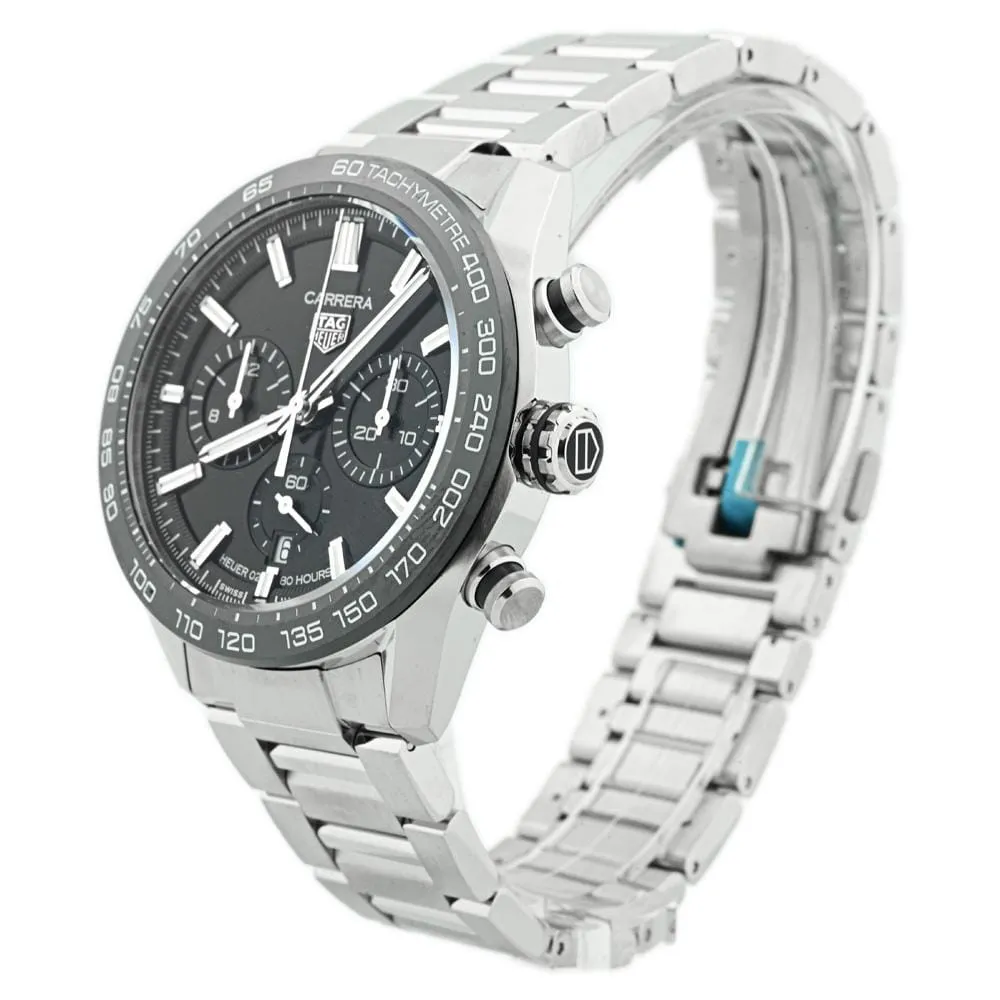 Tag Heuer Mens Carrera Stainless Steel 44mm Black Chronograph Stick Dial Watch Reference #: CBN2A1B.BA0643