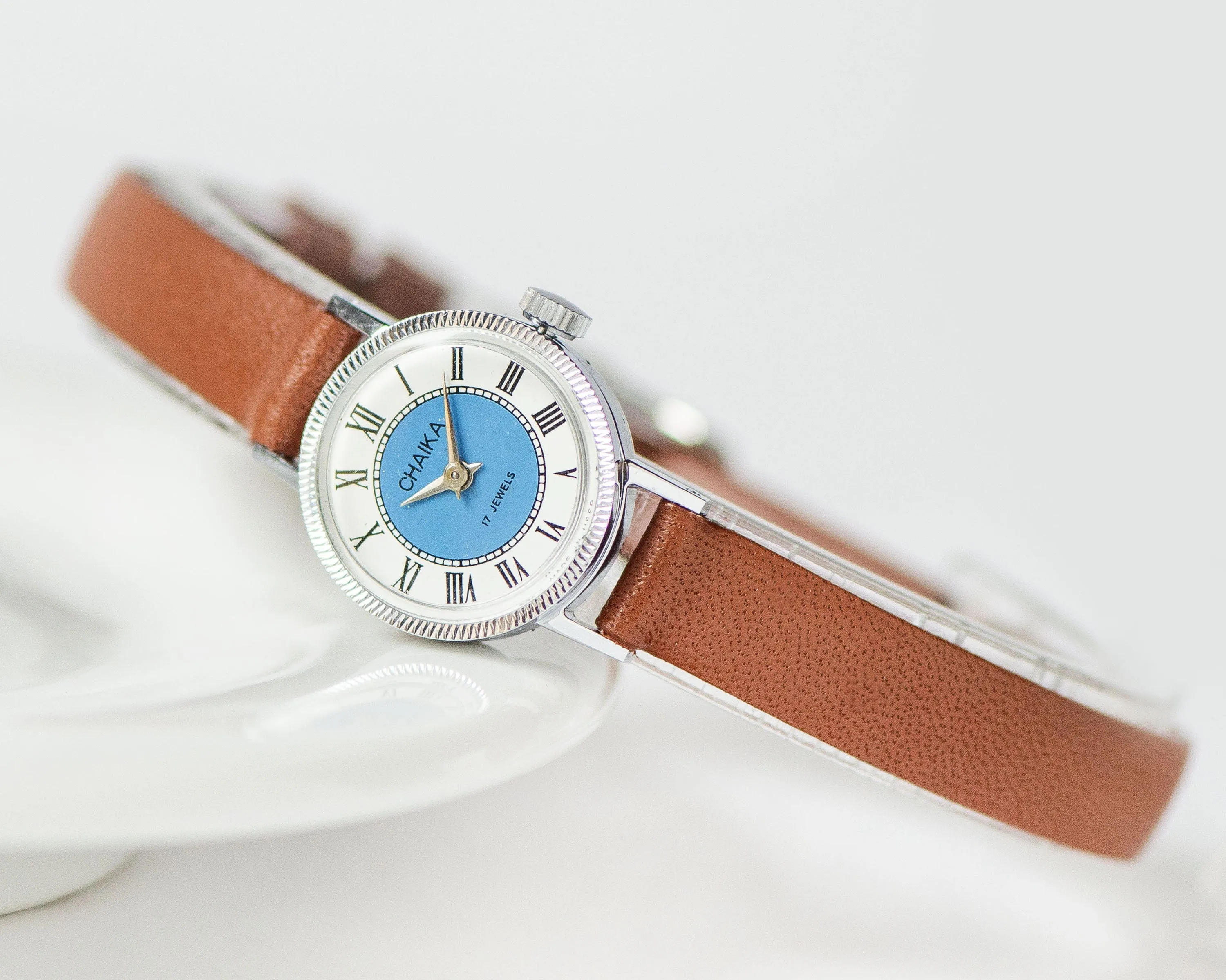 Tiny blue watch for women vintage Seagull, Roman numerals lady watch silver shade jewelry, lady wristwatch unique, new premium leather strap