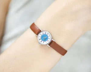 Tiny blue watch for women vintage Seagull, Roman numerals lady watch silver shade jewelry, lady wristwatch unique, new premium leather strap