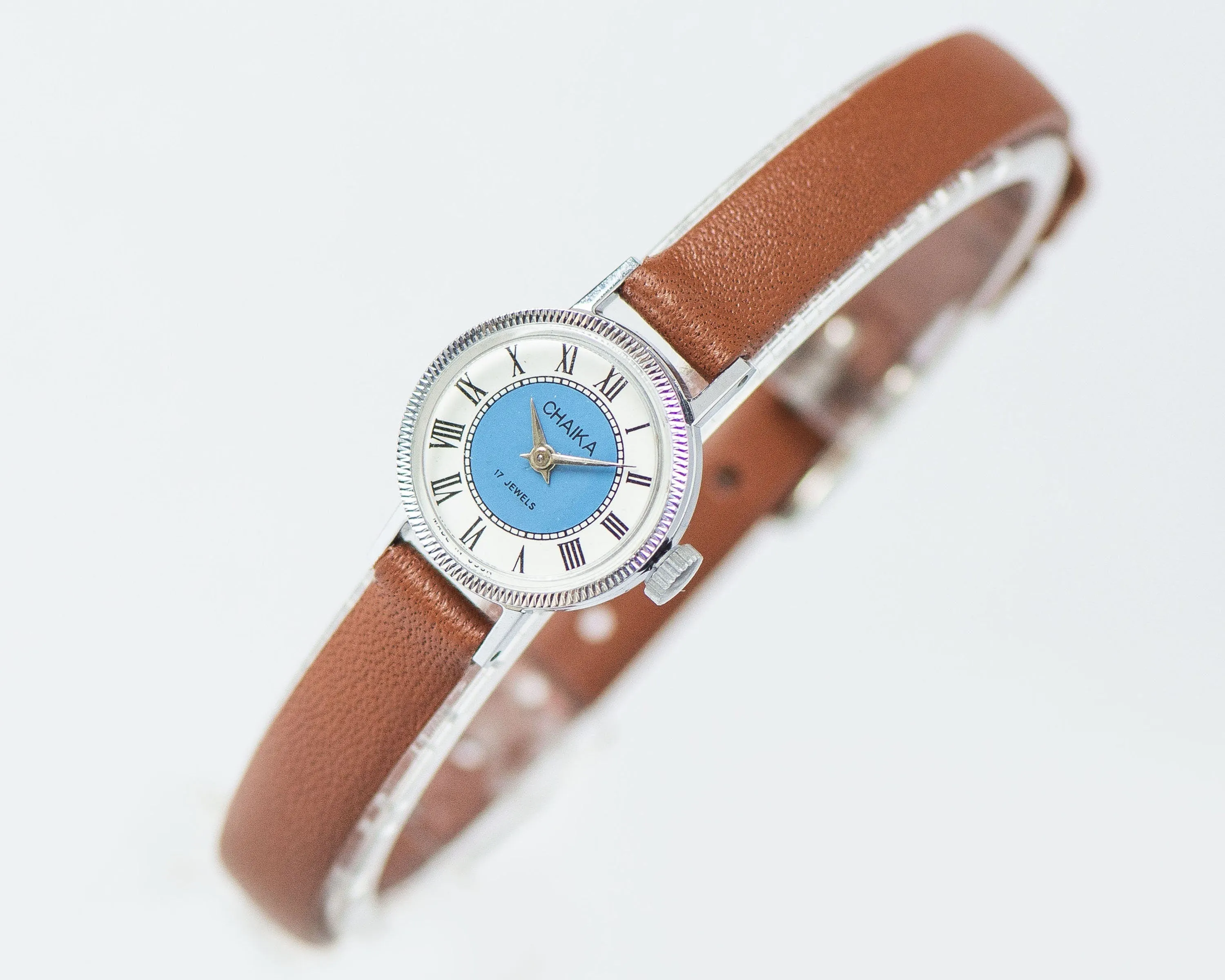 Tiny blue watch for women vintage Seagull, Roman numerals lady watch silver shade jewelry, lady wristwatch unique, new premium leather strap