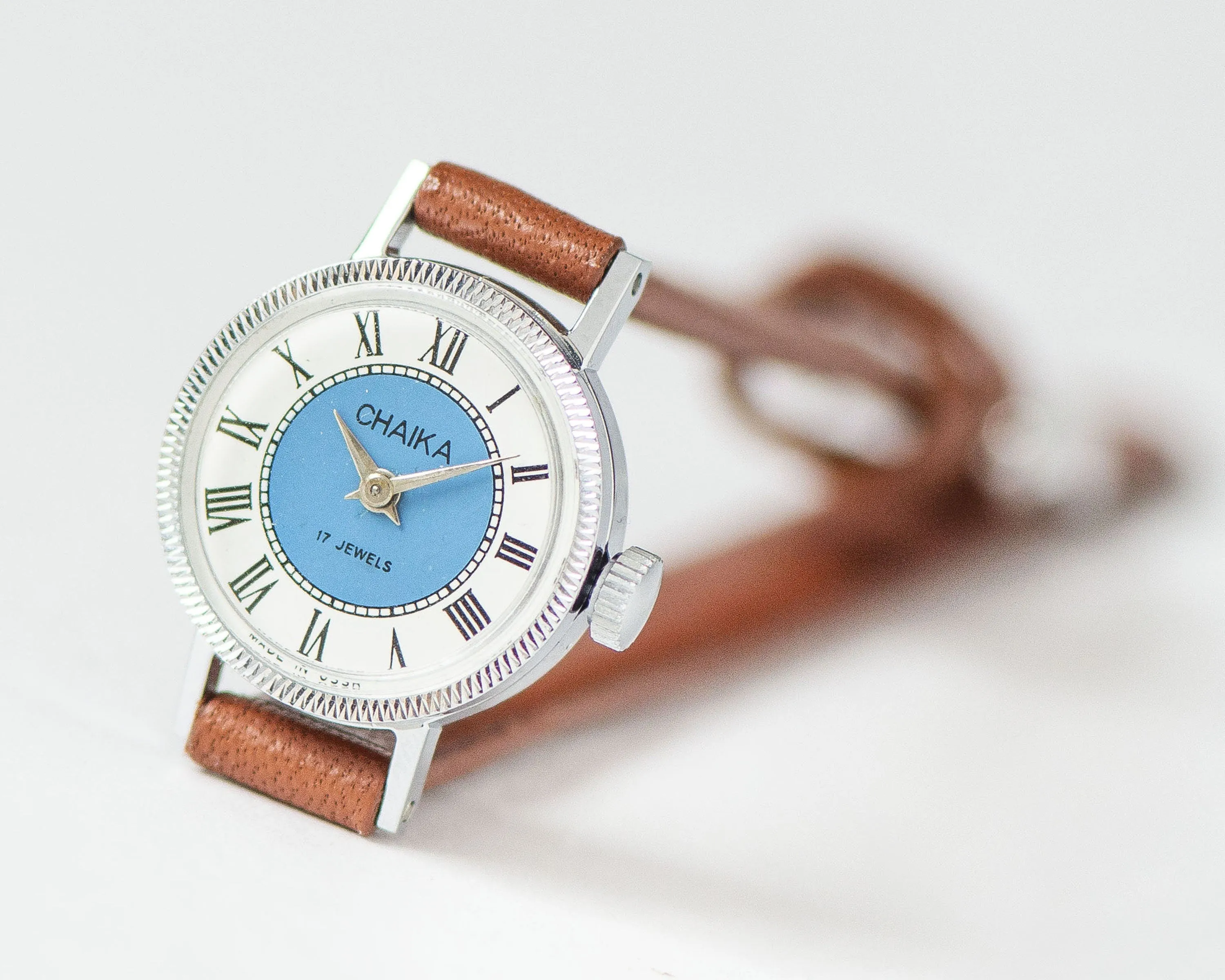 Tiny blue watch for women vintage Seagull, Roman numerals lady watch silver shade jewelry, lady wristwatch unique, new premium leather strap