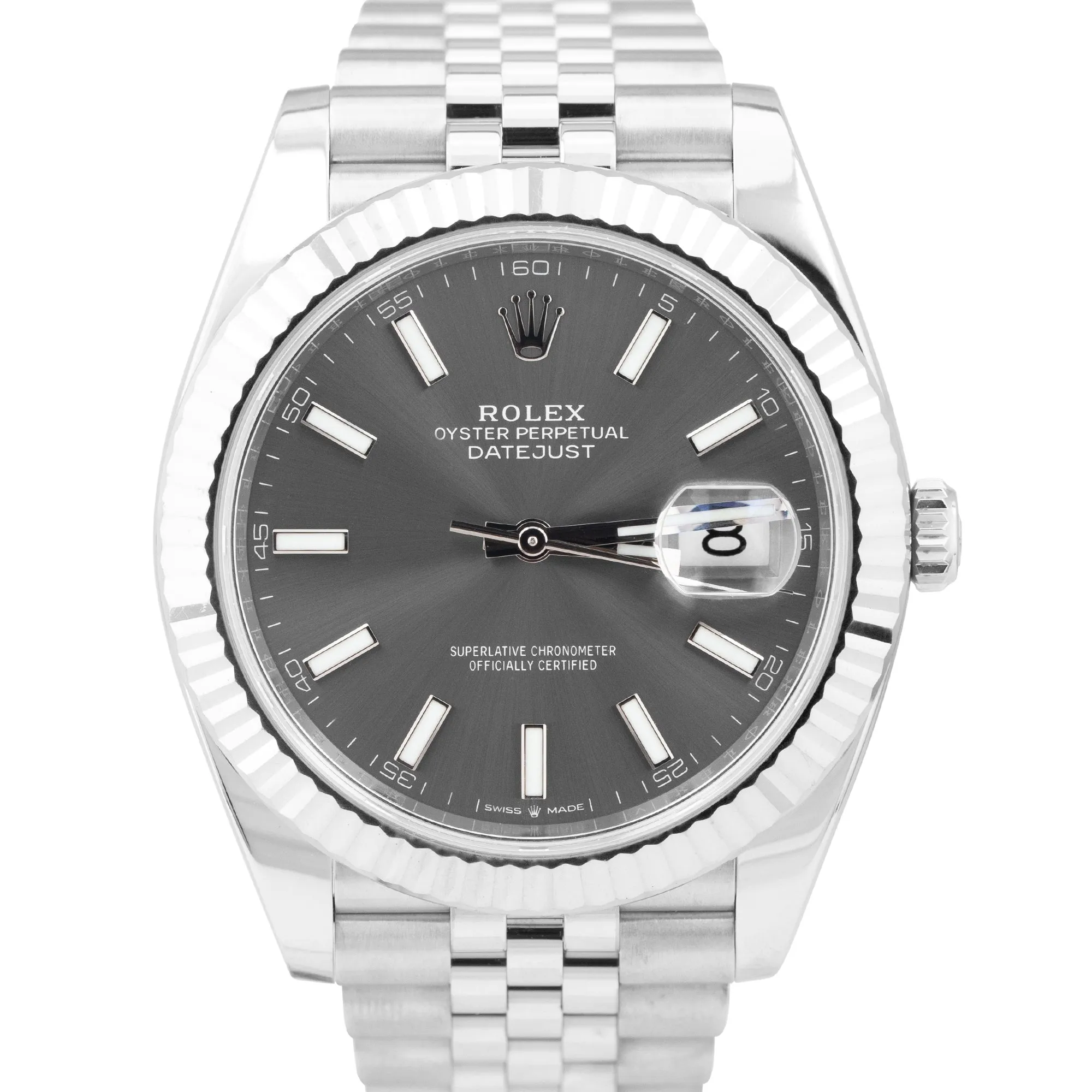 UNDATED NEW STICKERED Rolex DateJust Rhodium Slate Jubilee 126334 41mm Watch
