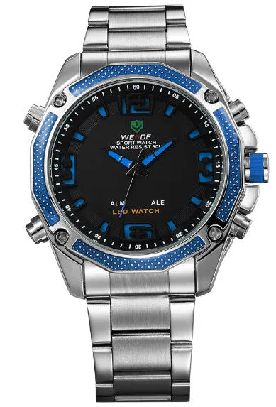 WEIDE Men Military Army Watch Analog LED Digital Stainless Steel Multifunction Quartz Sports Watch Men's Wristwatches