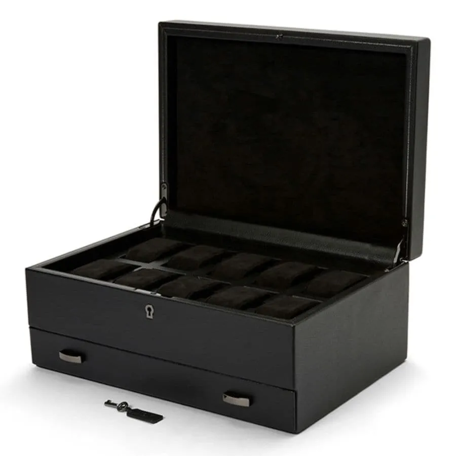 Wolf British Racing 10 Piece Watch Box With Storage - Black