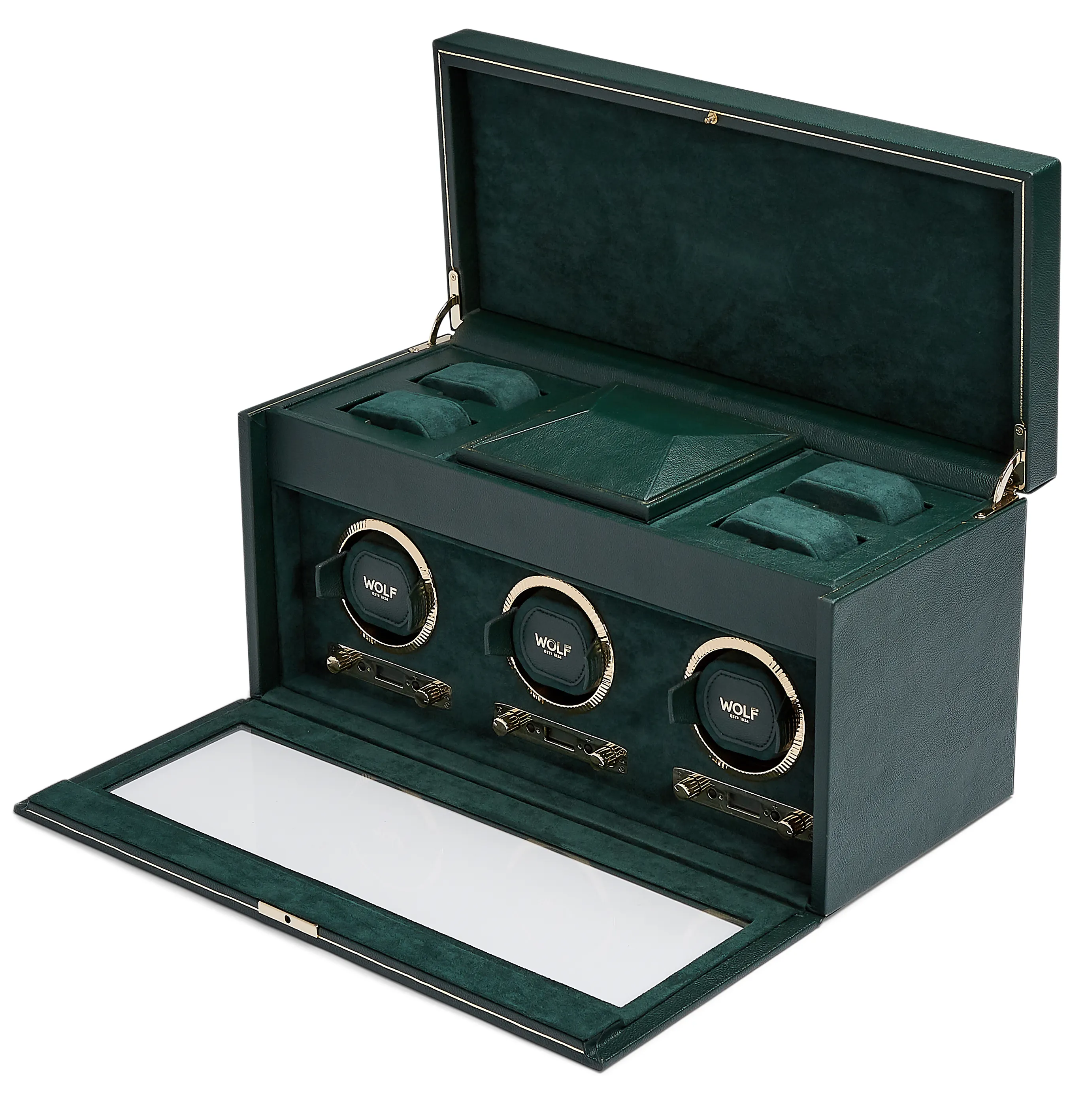 WOLF British Racing Triple Watch Winder with Storage in Green