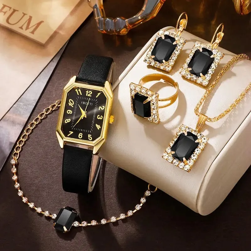 Women's Leather Wrist Watch, Earrings, Bracelet, Necklace and Ring Jewelry Set