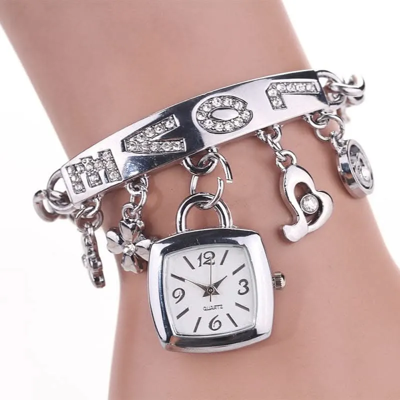 Women's LOVE Alphabet Bracelet Watch – Alloy Quartz with Flower Decor