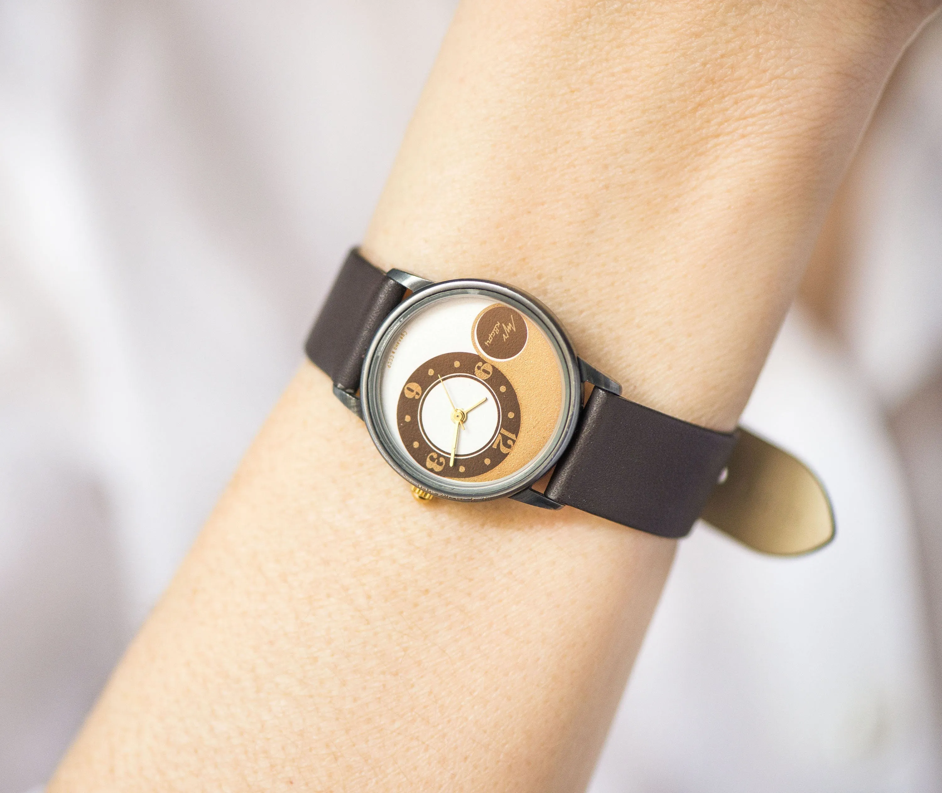 Women's quartz watch geometric, unique lady watch modern, round in round art watch Ray gift, teen watch 90s, new premium leather strap